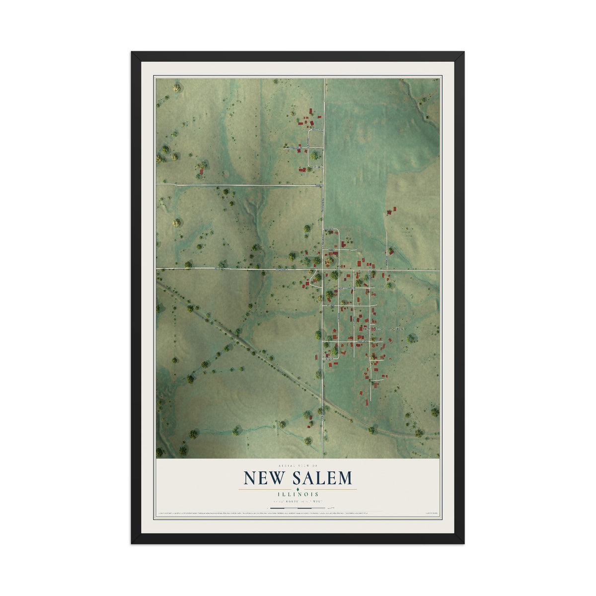 Map of New Salem, Illinois, 12 x 18 inch print in a black wood frame