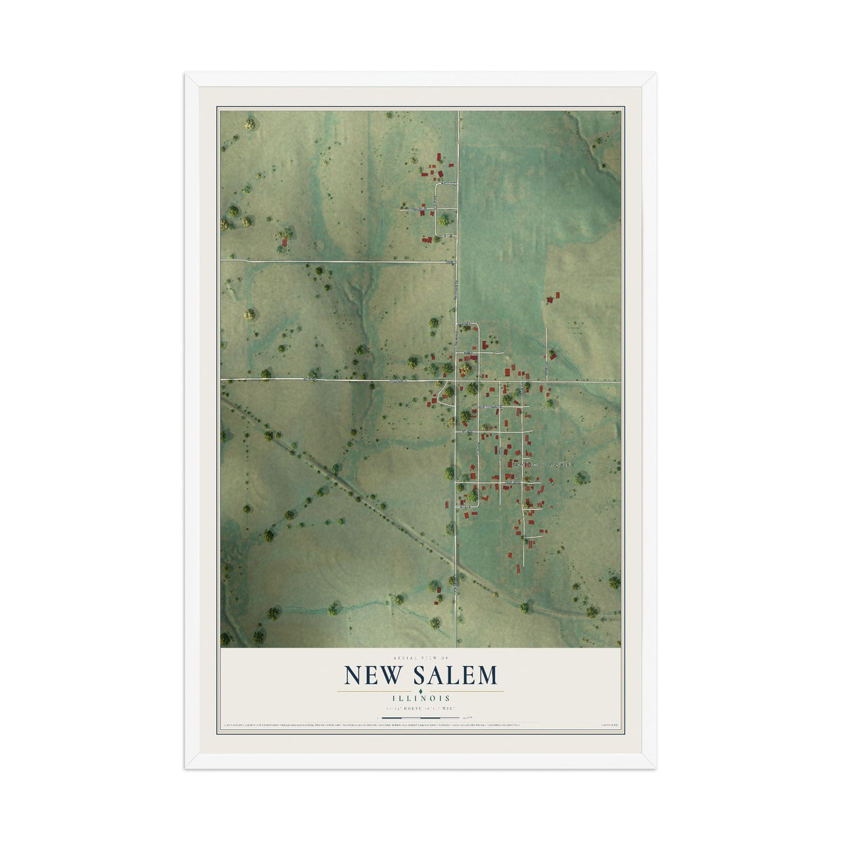Map of New Salem, Illinois, 12 x 18 inch print in a white wood frame