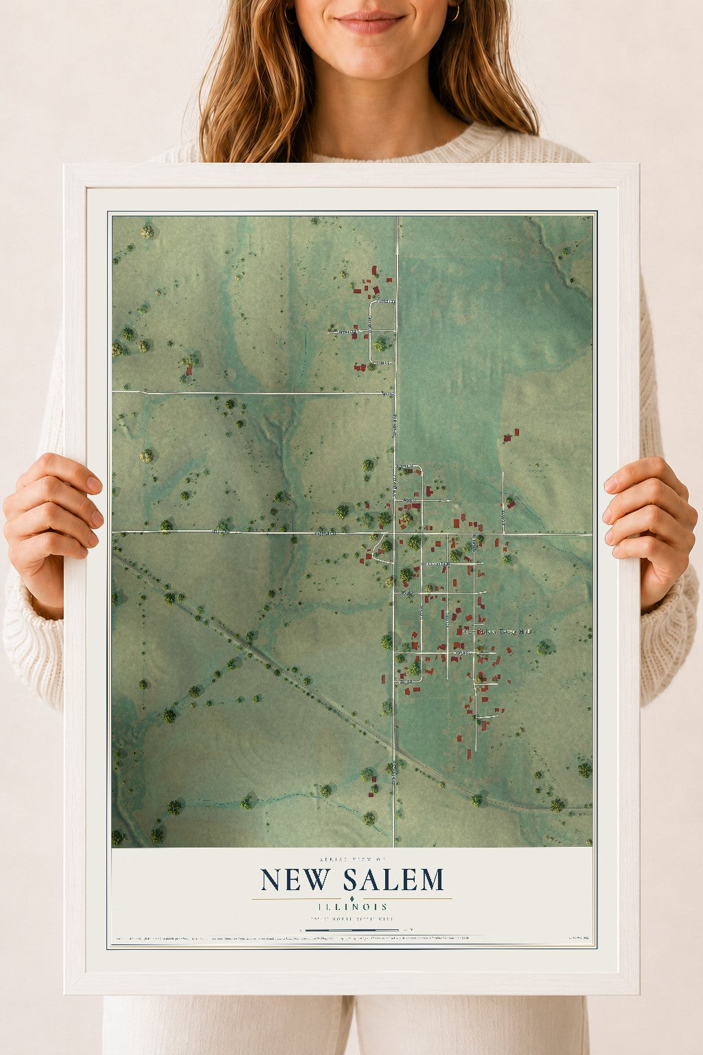 Map of New Salem, Illinois, 18 x 24 inch print in a white wood frame
