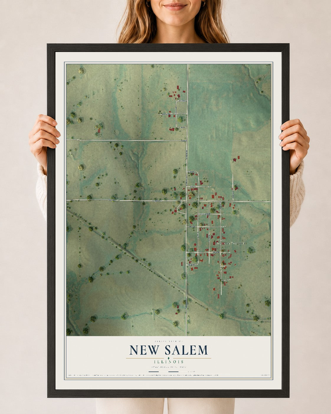 Map of New Salem, Illinois, 24 x 36 inch print in a black wood frame