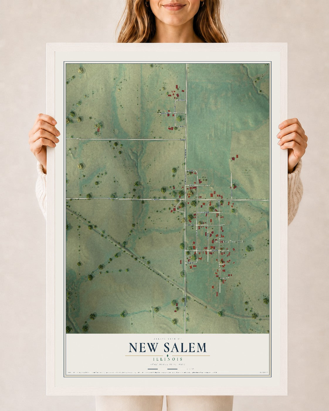 Map of New Salem, Illinois, 24 x 36 inch print in a white wood frame