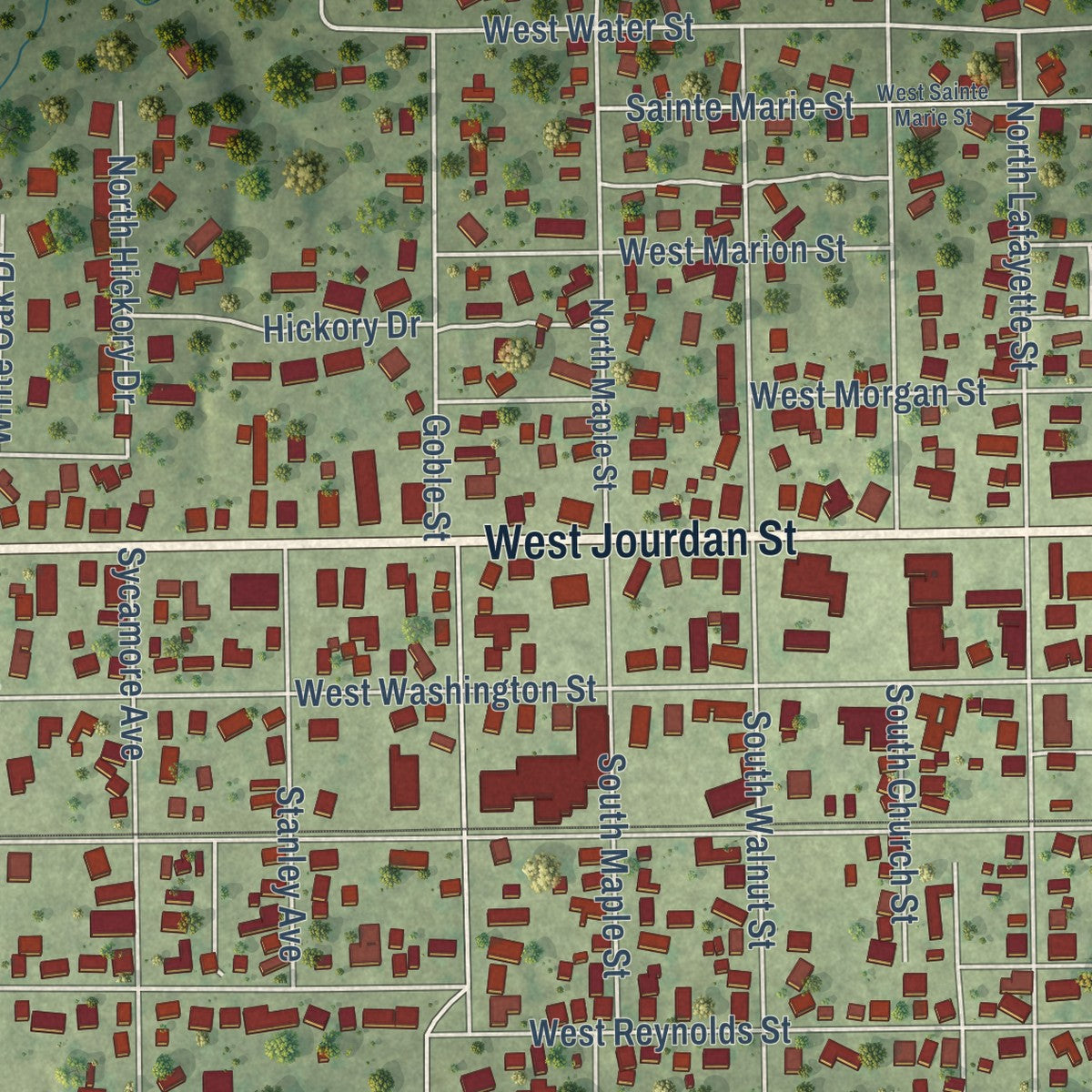 Close-up of the map of Newton, Illinois print showing street and building detail