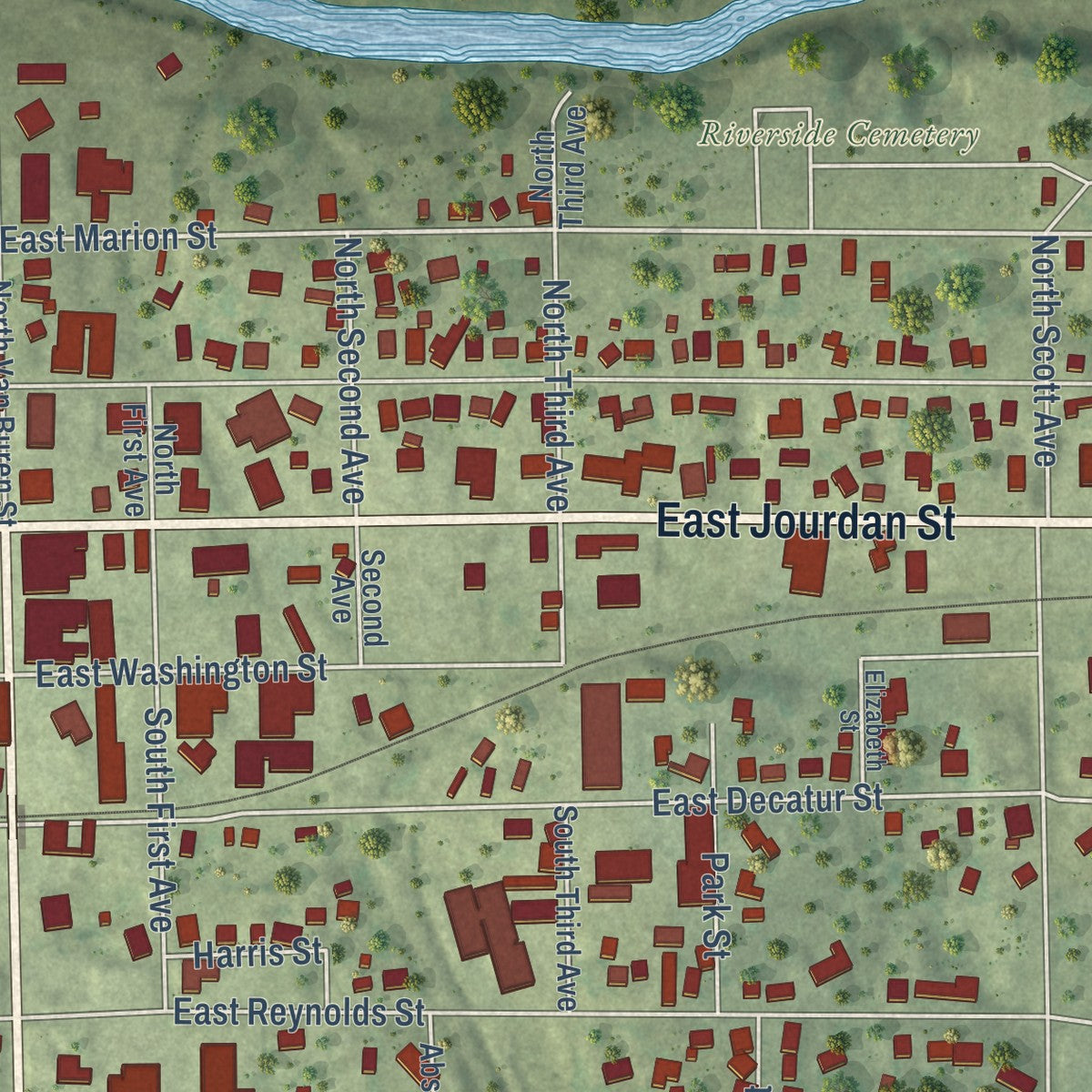 Second close-up of the map of Newton, Illinois print showing more streets and buildings