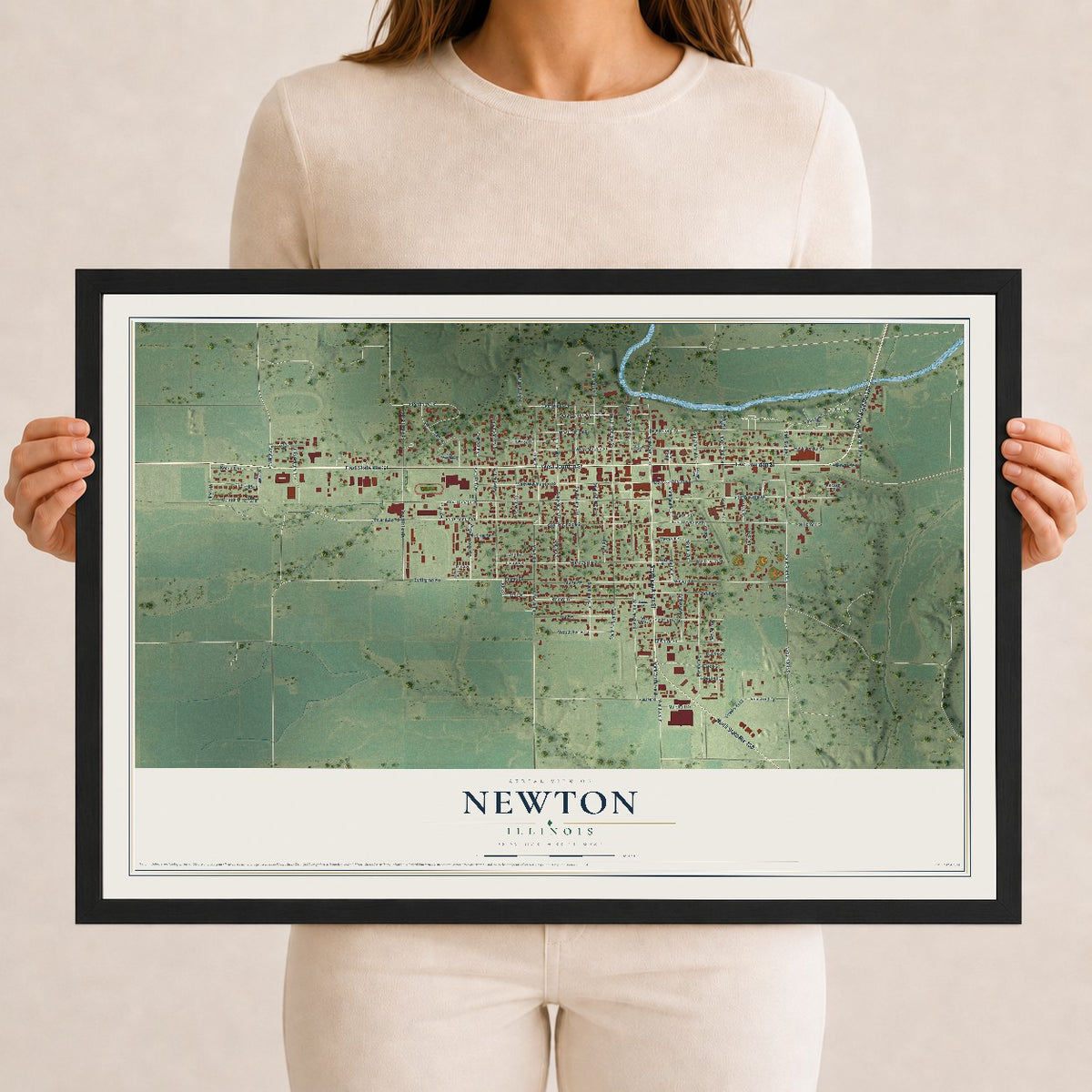 Map of Newton, Illinois, 12 x 18 inch print in a black wood frame