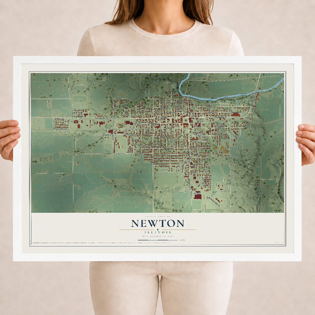 Map of Newton, Illinois, 18 x 24 inch print in a white wood frame
