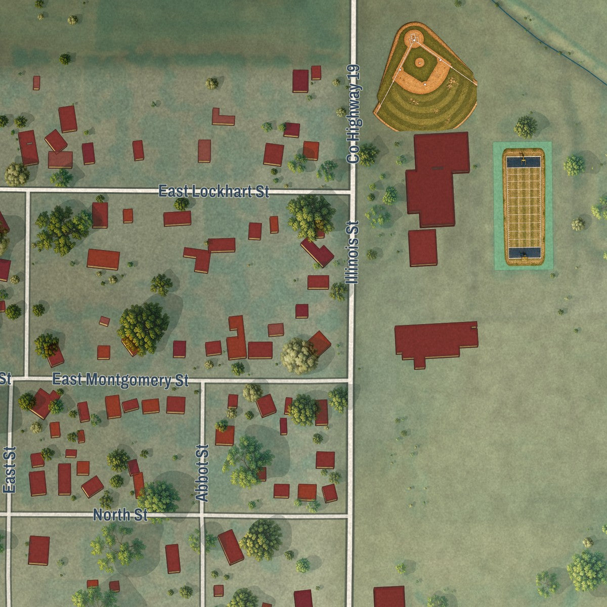 Second close-up of the map of Niantic, Illinois print showing more streets and buildings