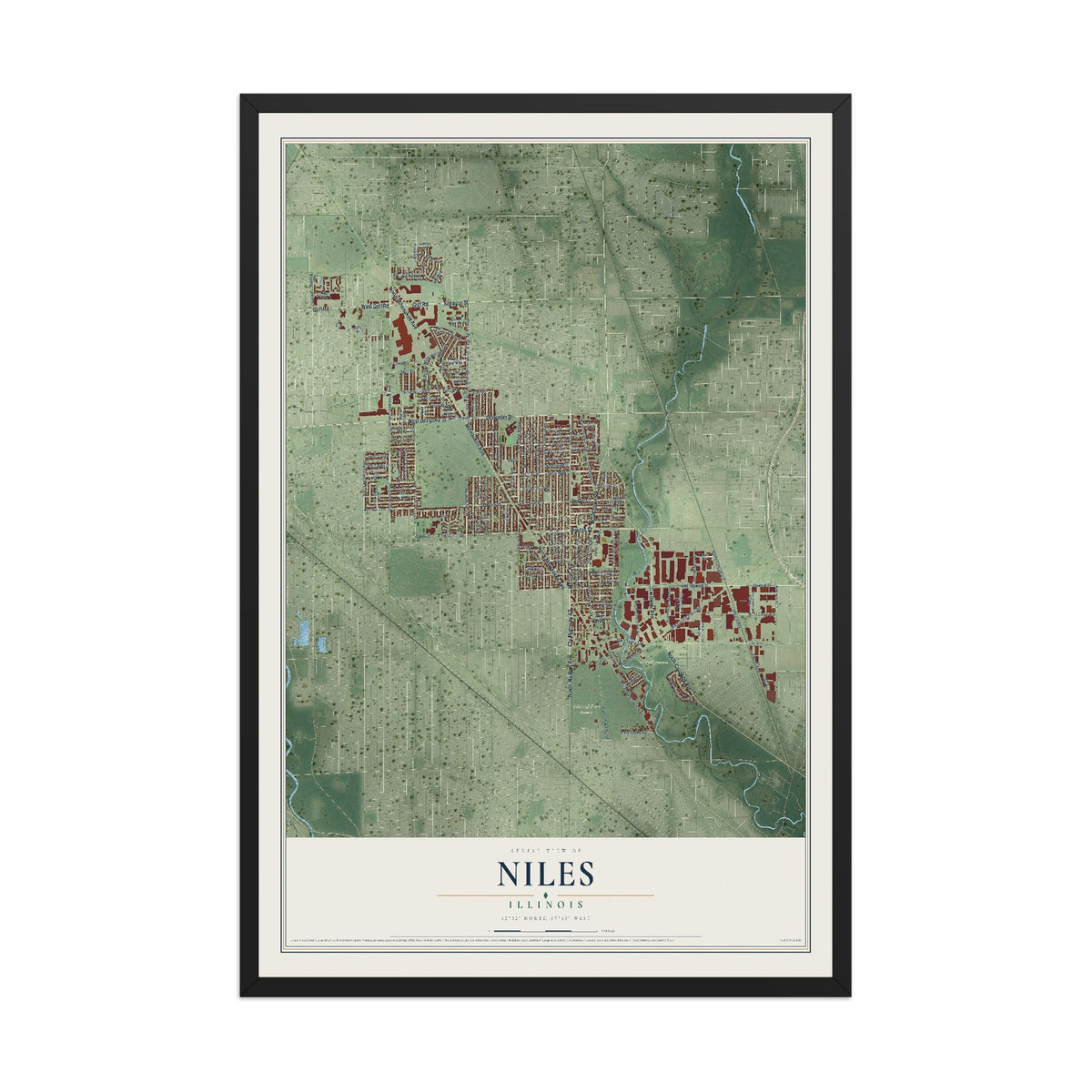 Map of Niles, Illinois, 12 x 18 inch print in a black wood frame