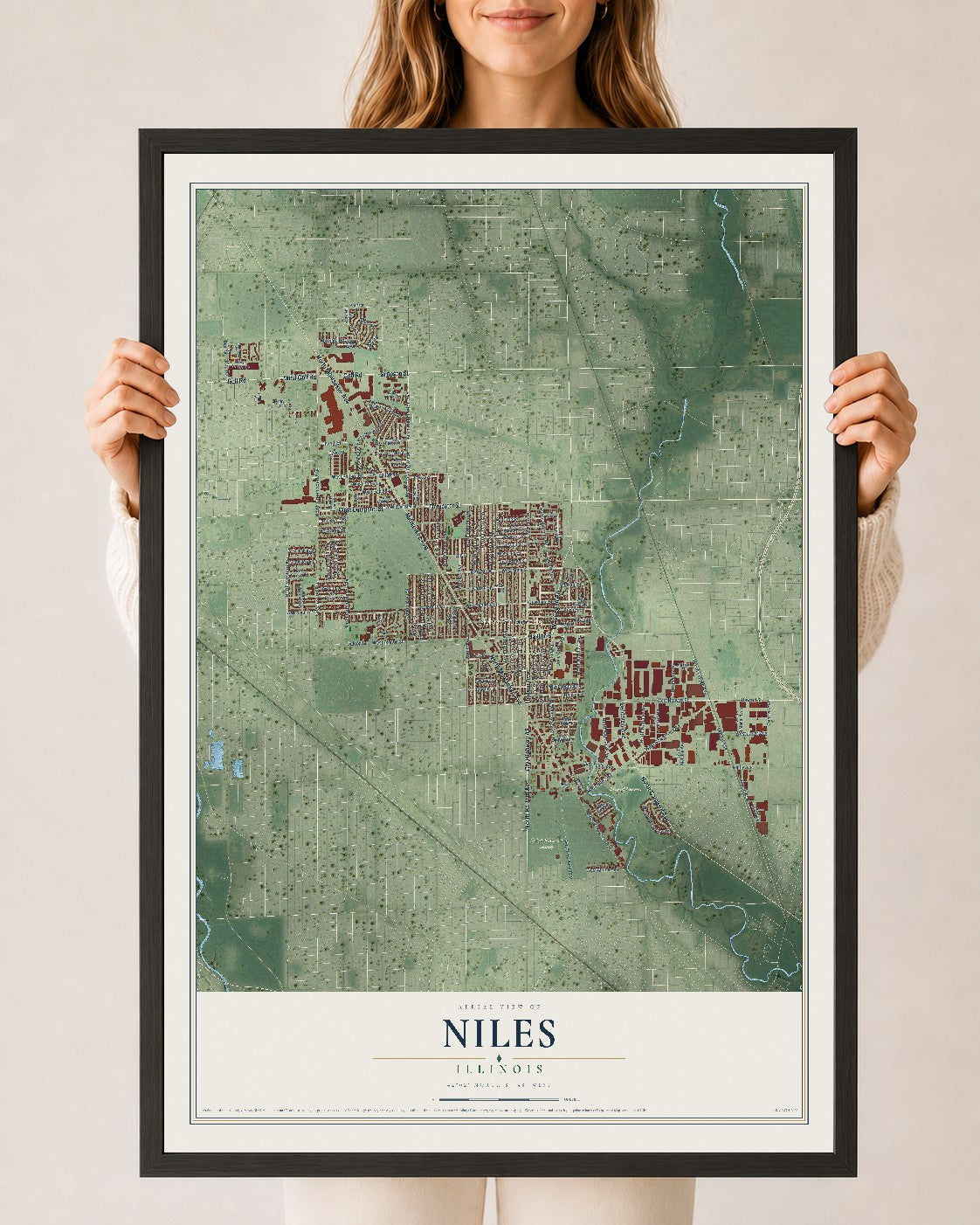 Map of Niles, Illinois, 24 x 36 inch print in a black wood frame