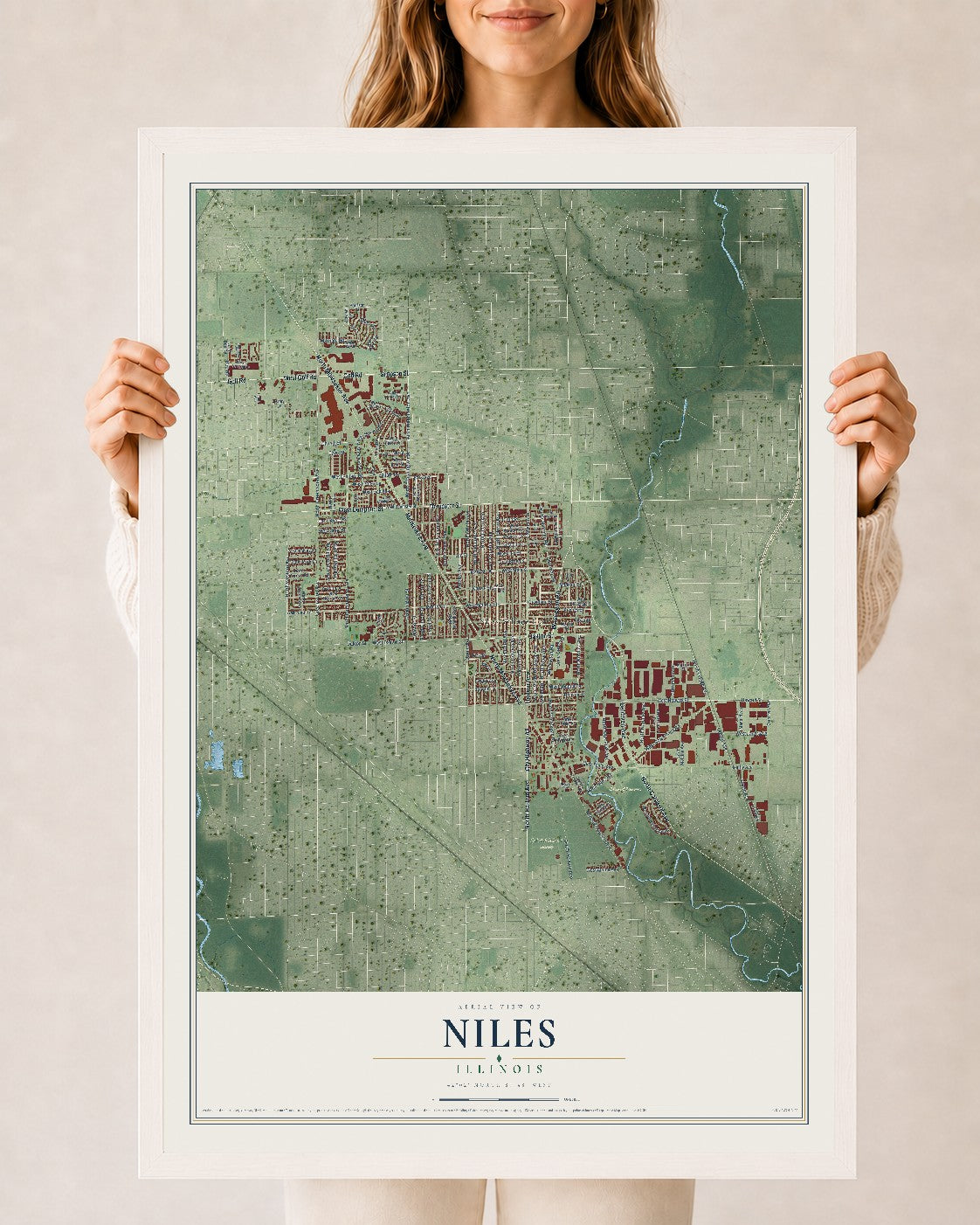 Map of Niles, Illinois, 24 x 36 inch print in a white wood frame