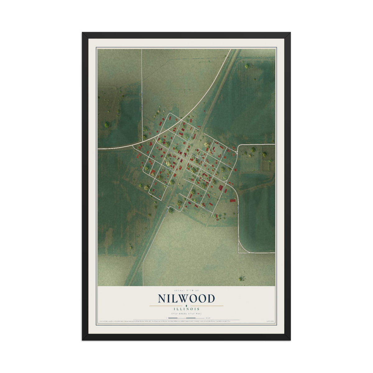 Map of Nilwood, Illinois, 12 x 18 inch print in a black wood frame