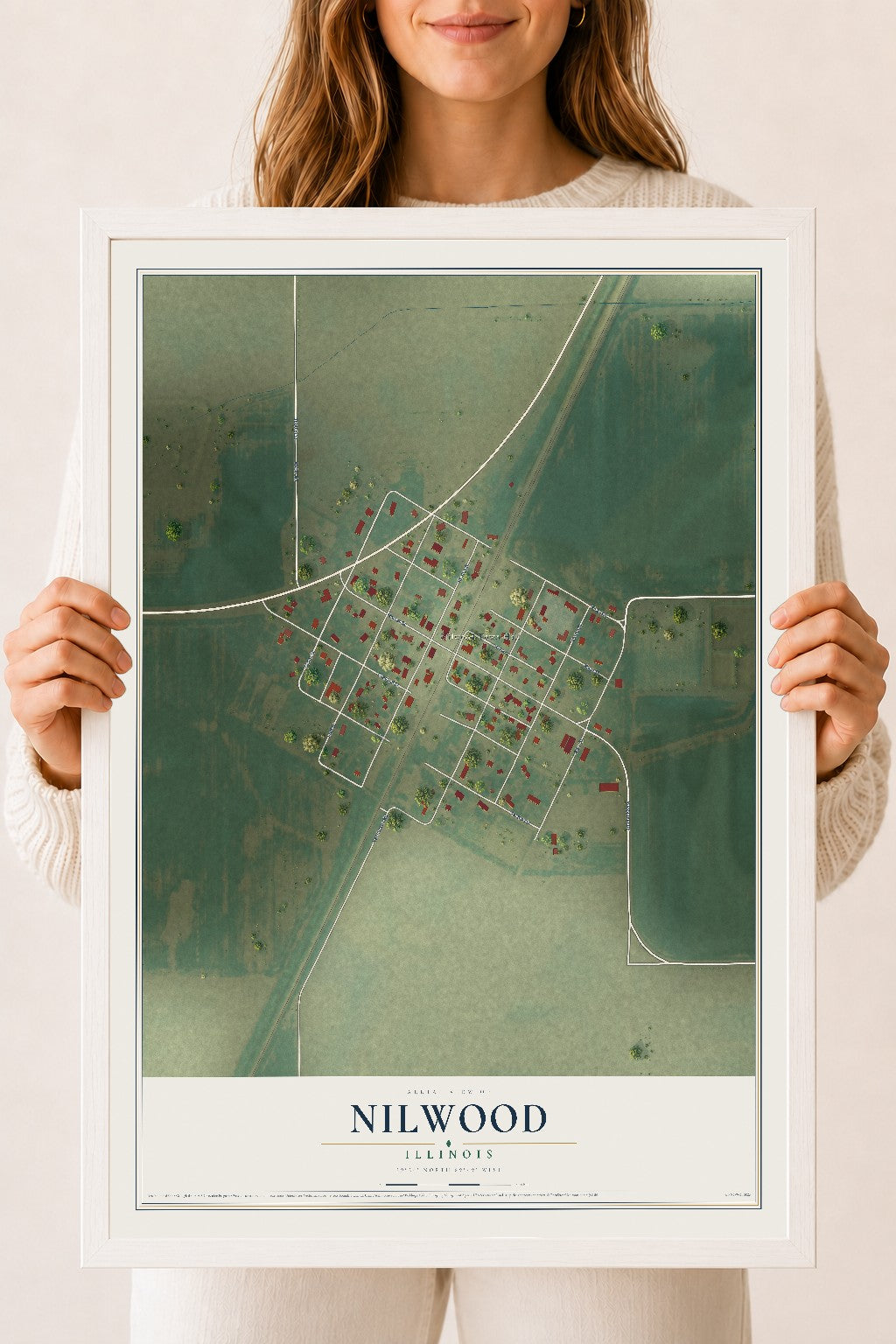 Map of Nilwood, Illinois, 18 x 24 inch print in a white wood frame