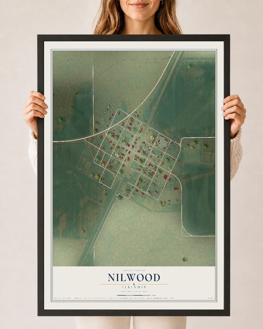 Map of Nilwood, Illinois, 24 x 36 inch print in a black wood frame