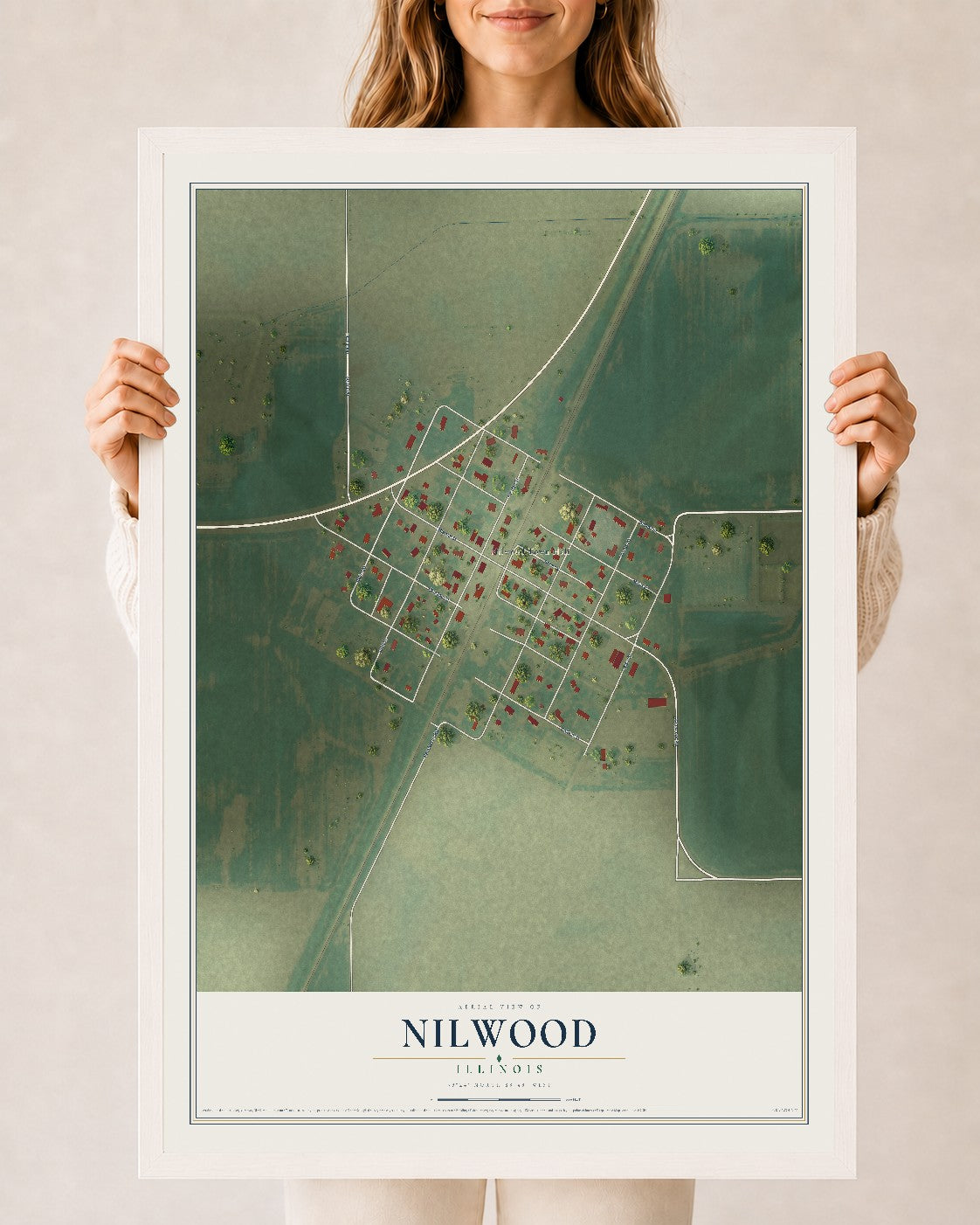 Map of Nilwood, Illinois, 24 x 36 inch print in a white wood frame