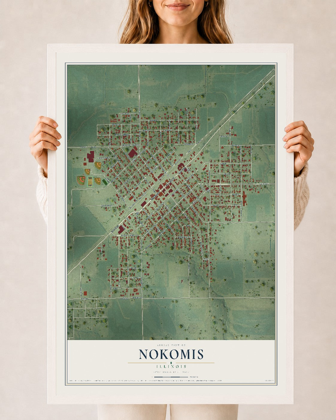 Map of Nokomis, Illinois, 24 x 36 inch print in a white wood frame