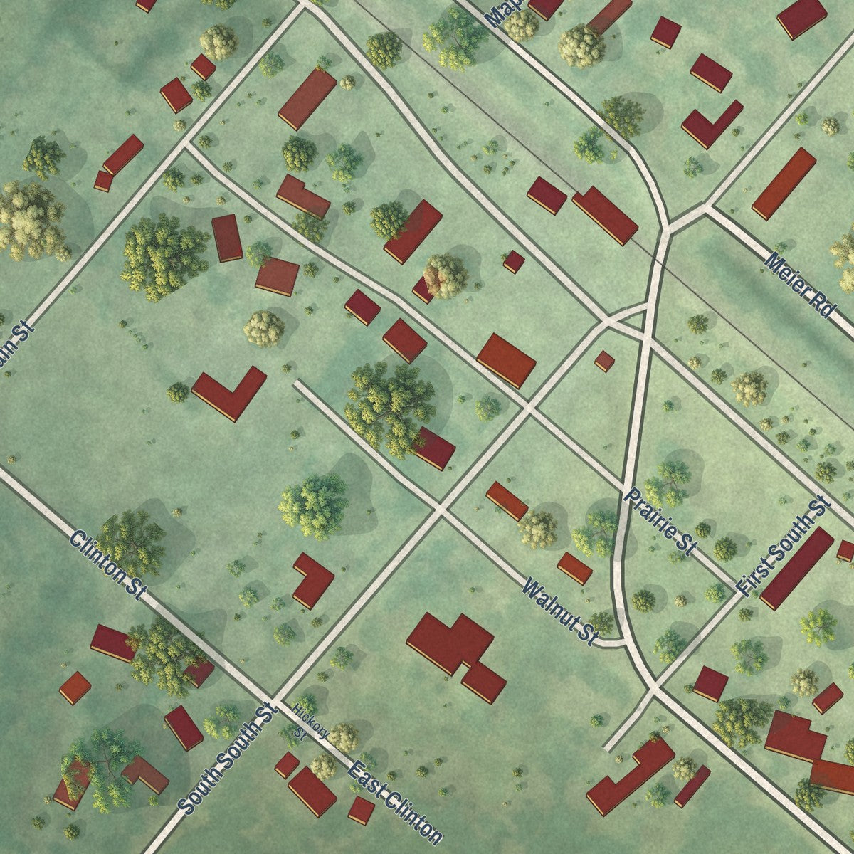 Close-up of the map of Nora, Illinois print showing street and building detail
