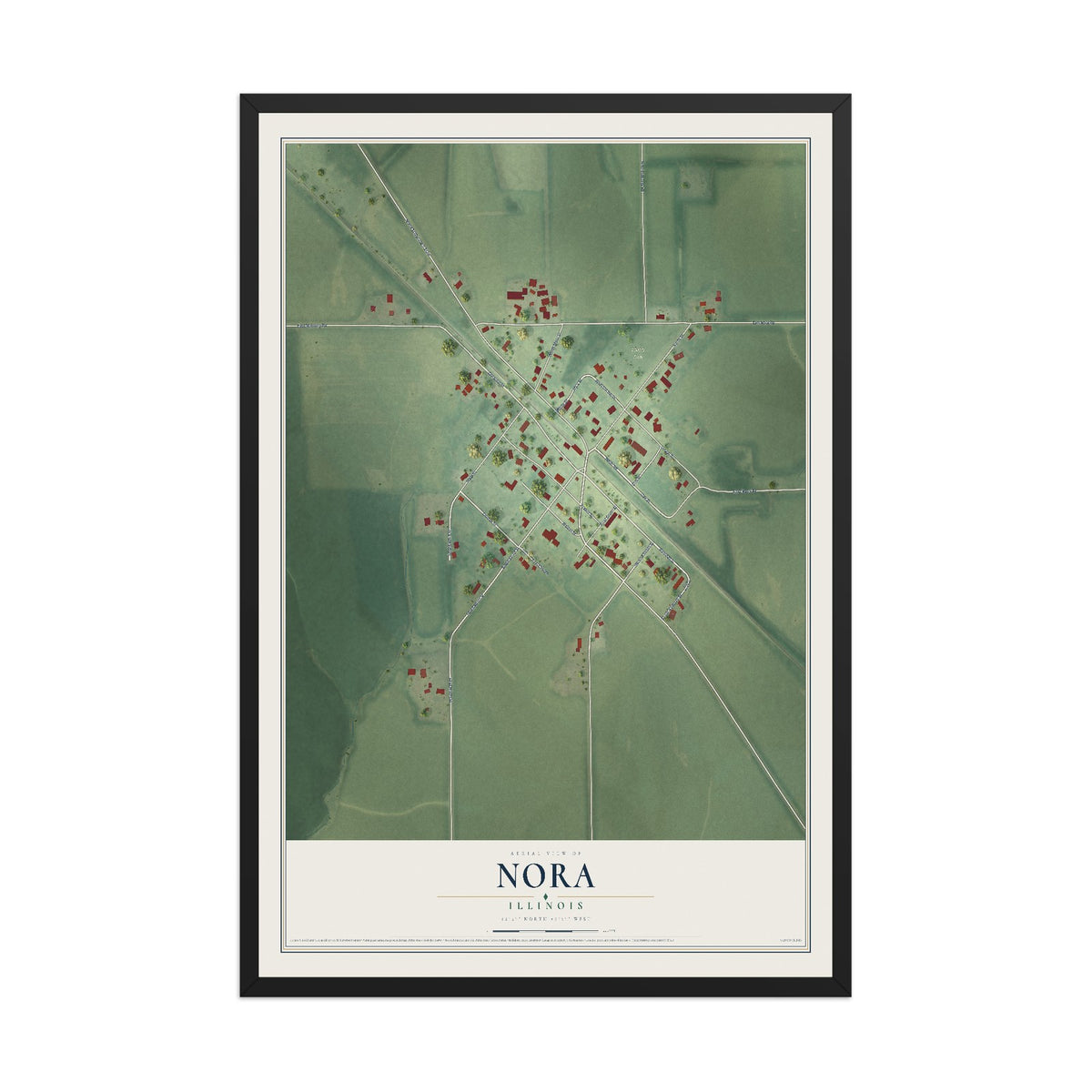 Map of Nora, Illinois, 12 x 18 inch print in a black wood frame