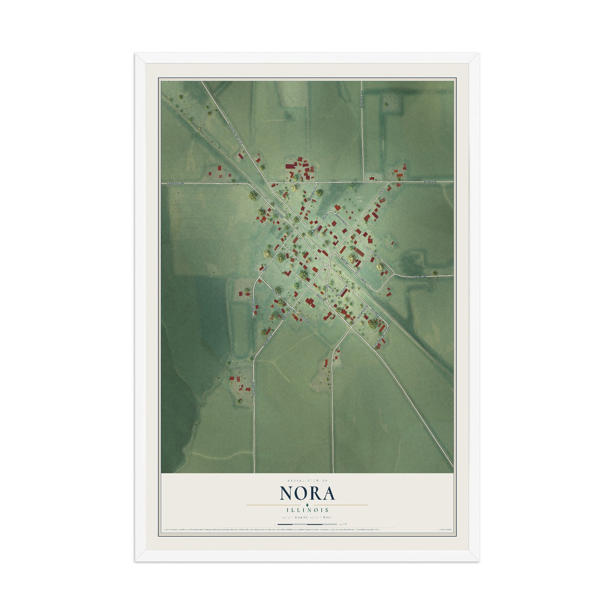 Map of Nora, Illinois, 12 x 18 inch print in a white wood frame