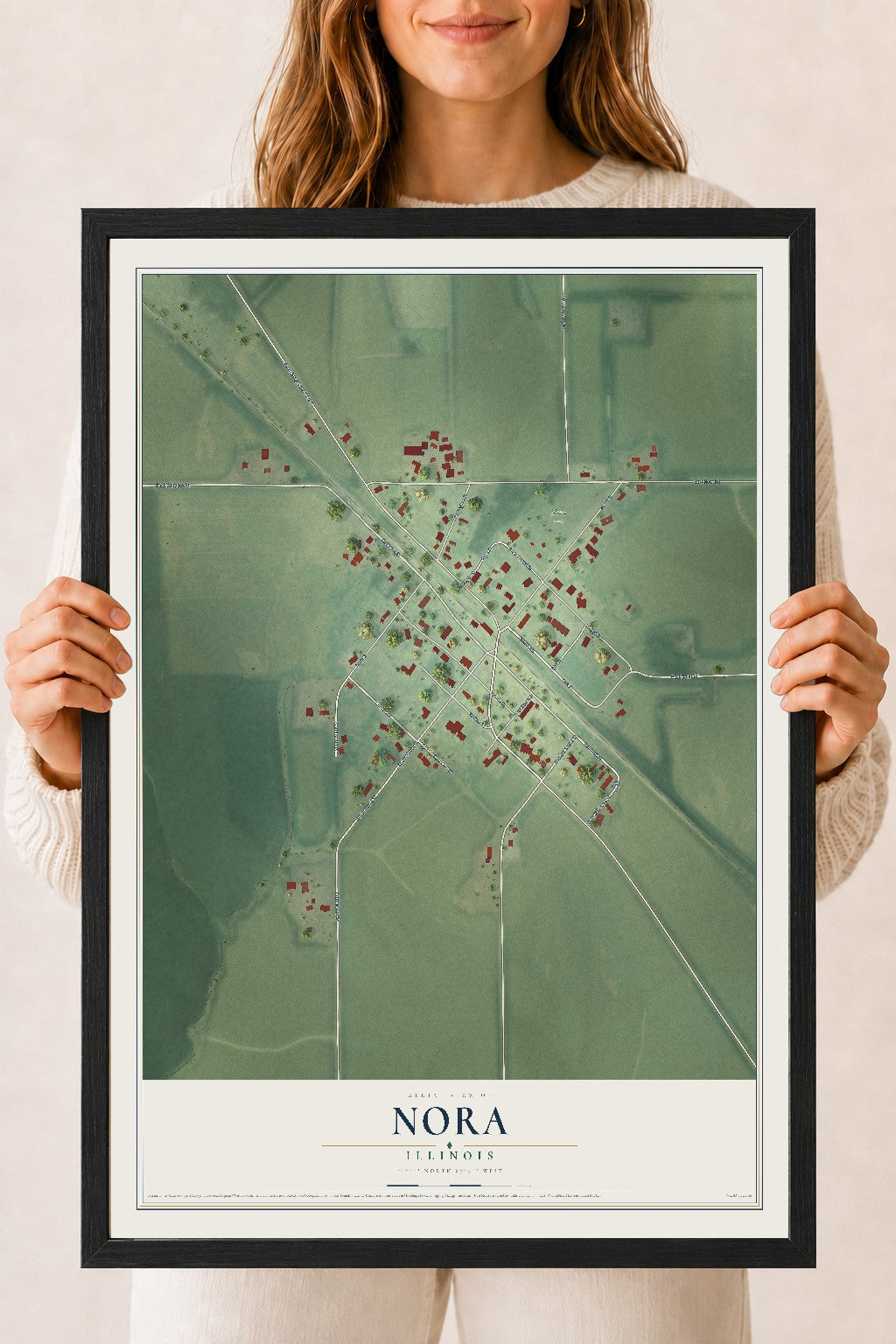Map of Nora, Illinois, 18 x 24 inch print in a black wood frame