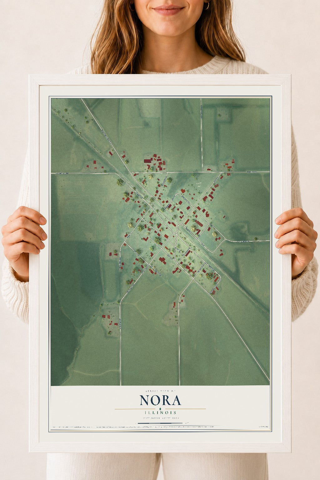 Map of Nora, Illinois, 18 x 24 inch print in a white wood frame