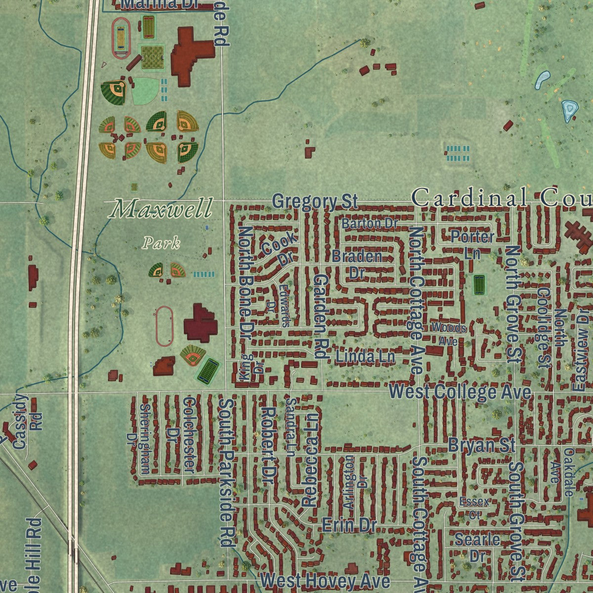 Second close-up of the map of Normal, Illinois print showing more streets and buildings