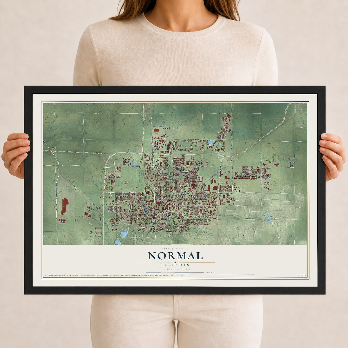 Map of Normal, Illinois, 12 x 18 inch print in a black wood frame