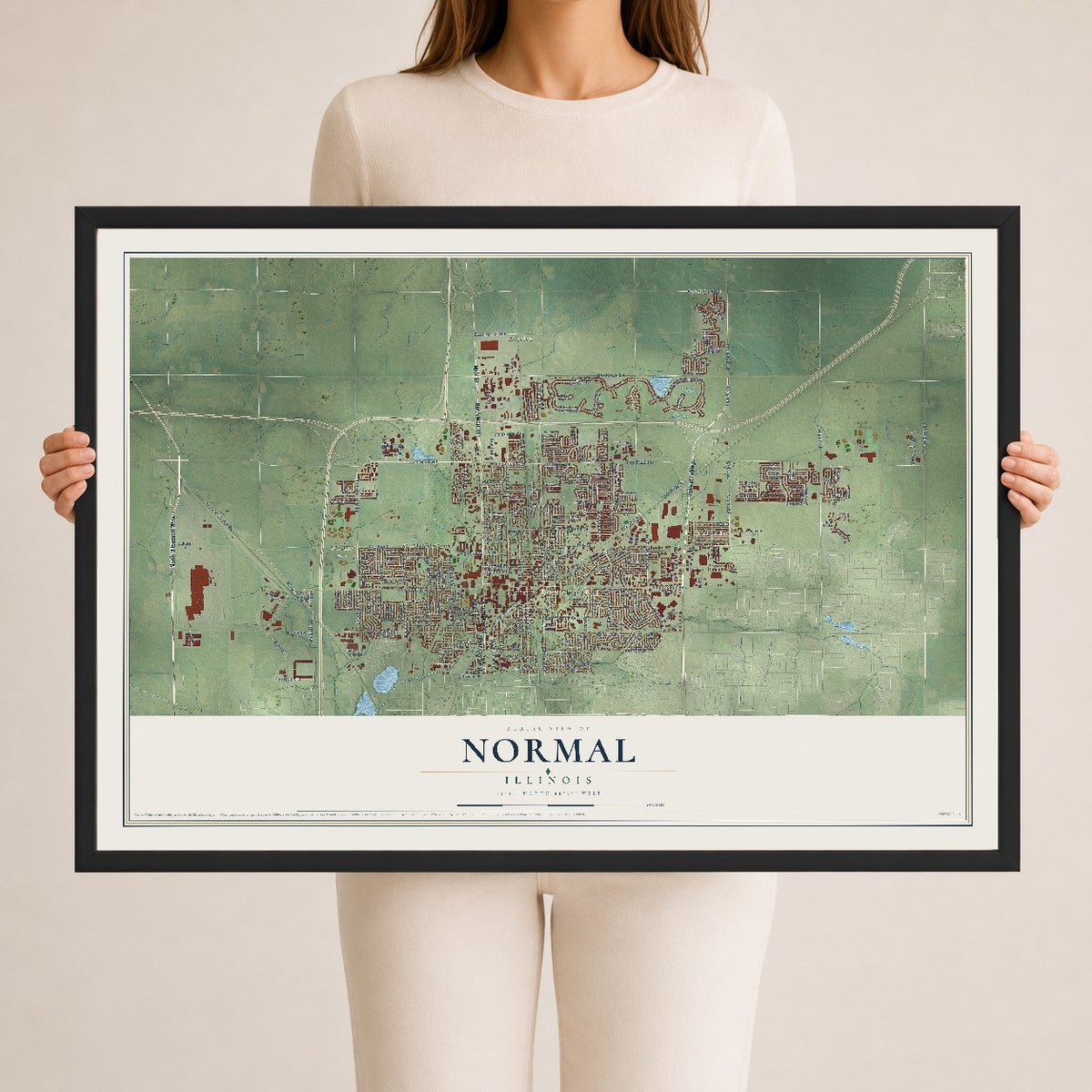 Map of Normal, Illinois, 24 x 36 inch print in a black wood frame