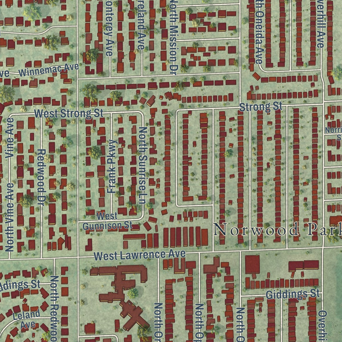 Close-up of the map of Norridge, Illinois print showing street and building detail