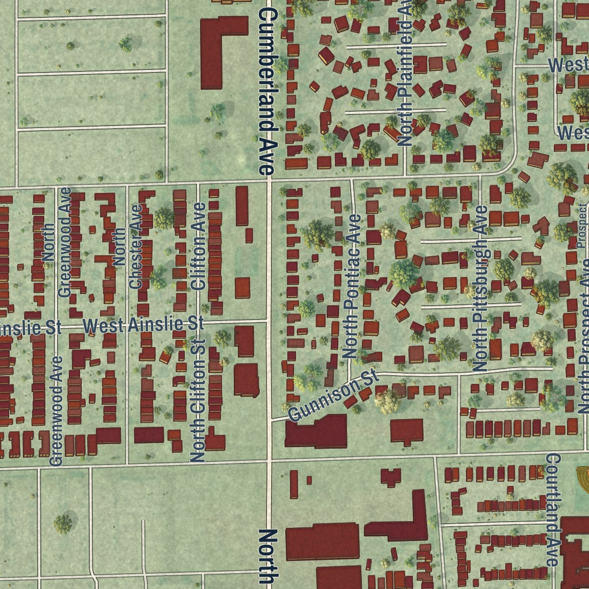 Second close-up of the map of Norridge, Illinois print showing more streets and buildings