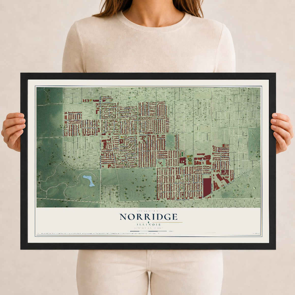 Map of Norridge, Illinois, 12 x 18 inch print in a black wood frame