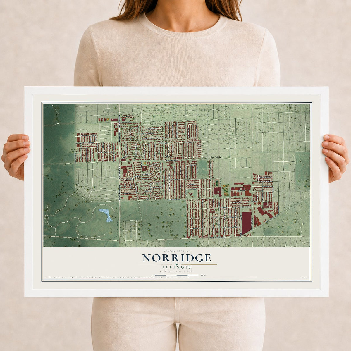 Map of Norridge, Illinois, 12 x 18 inch print in a white wood frame