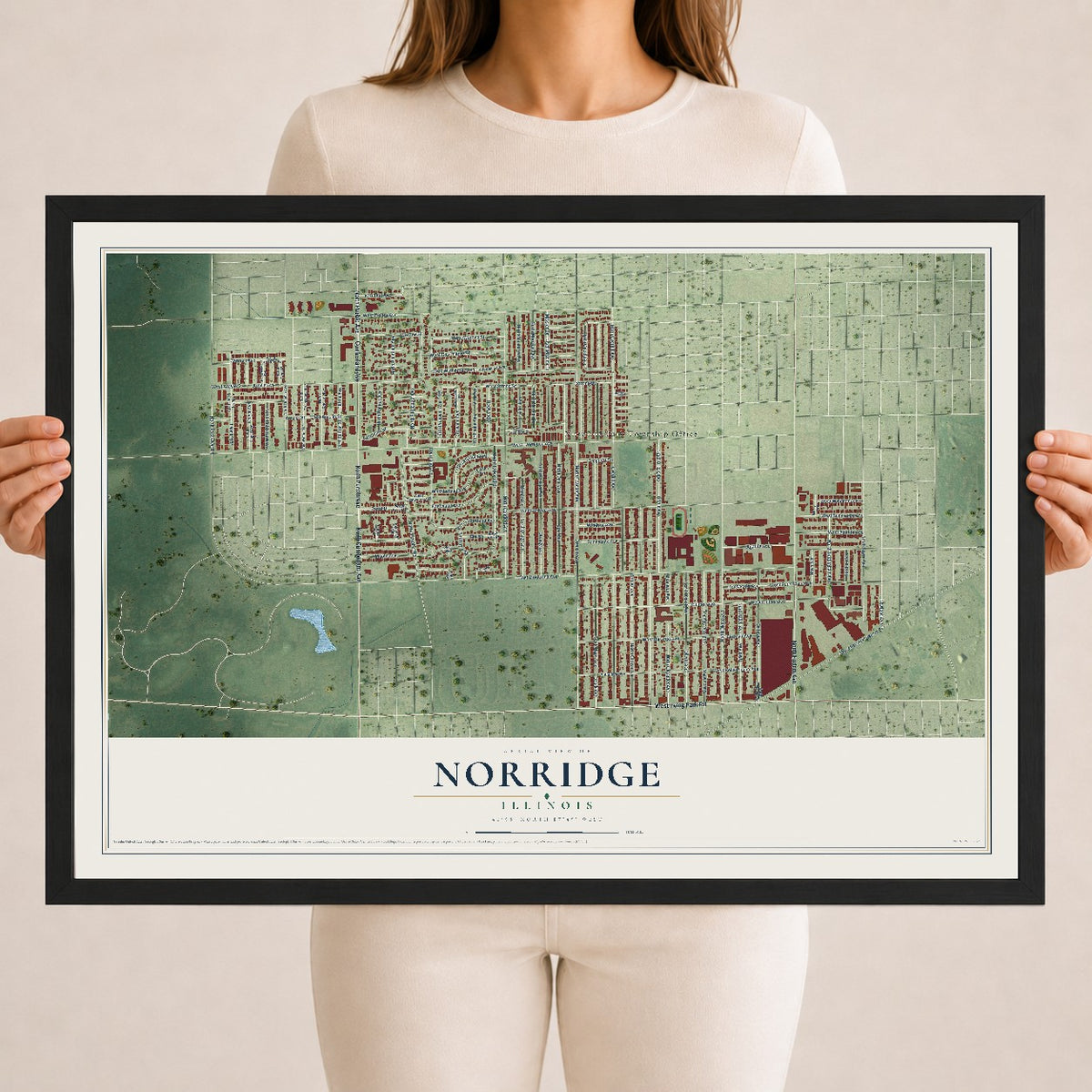 Map of Norridge, Illinois, 18 x 24 inch print in a black wood frame
