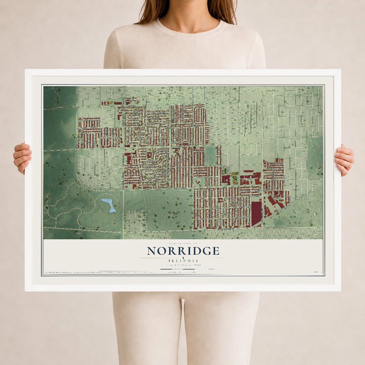 Map of Norridge, Illinois, 24 x 36 inch print in a white wood frame