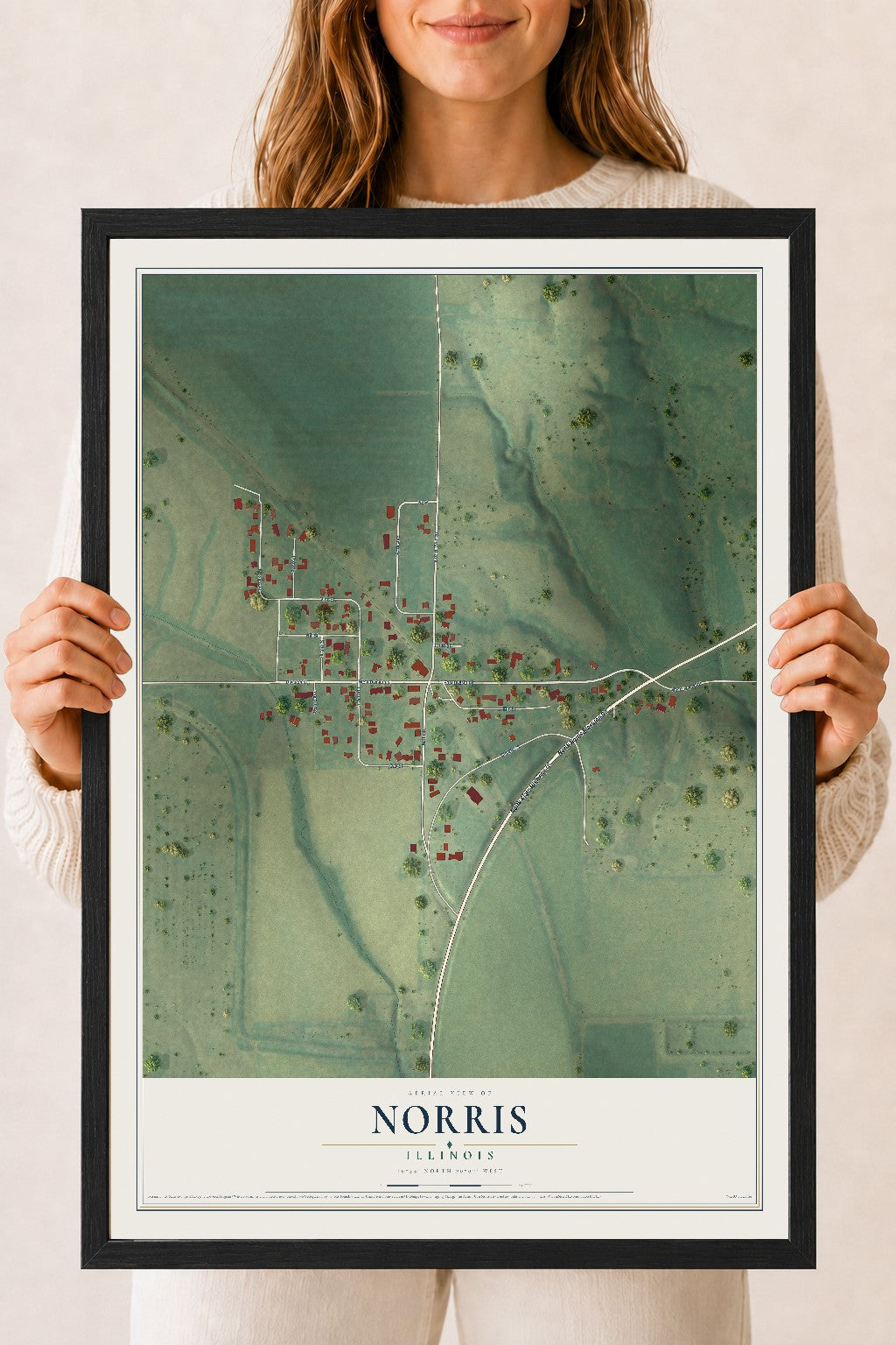 Map of Norris, Illinois, 18 x 24 inch print in a black wood frame