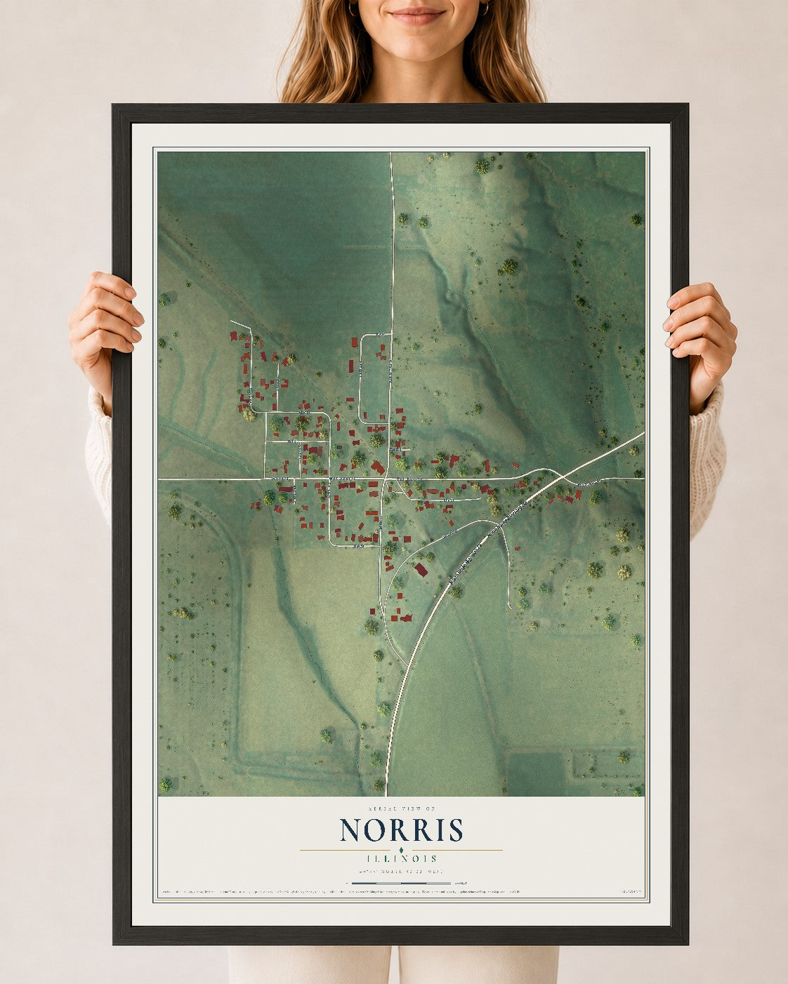 Map of Norris, Illinois, 24 x 36 inch print in a black wood frame