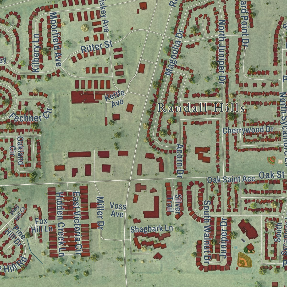 Second close-up of the map of North Aurora, Illinois print showing more streets and buildings