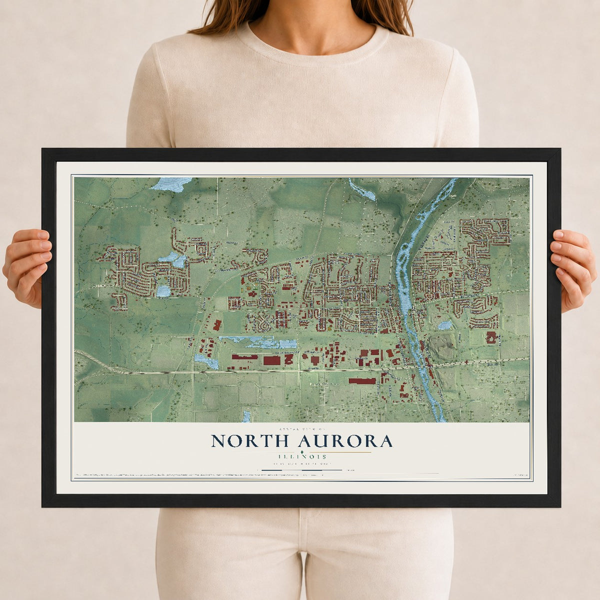 Map of North Aurora, Illinois, 12 x 18 inch print in a black wood frame