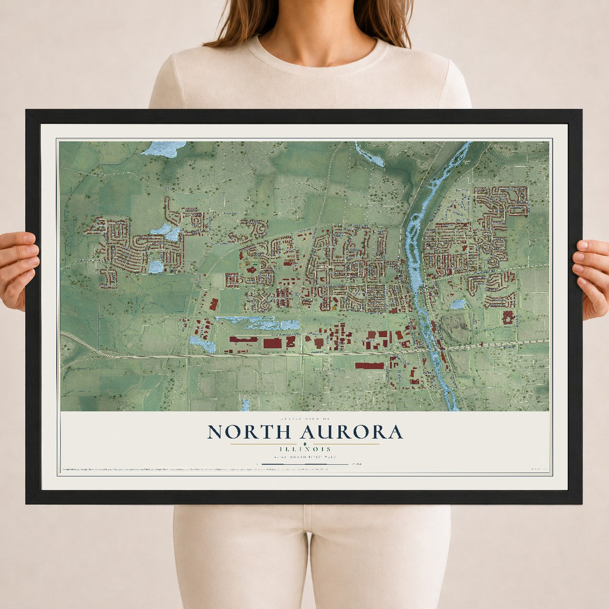 Map of North Aurora, Illinois, 18 x 24 inch print in a black wood frame