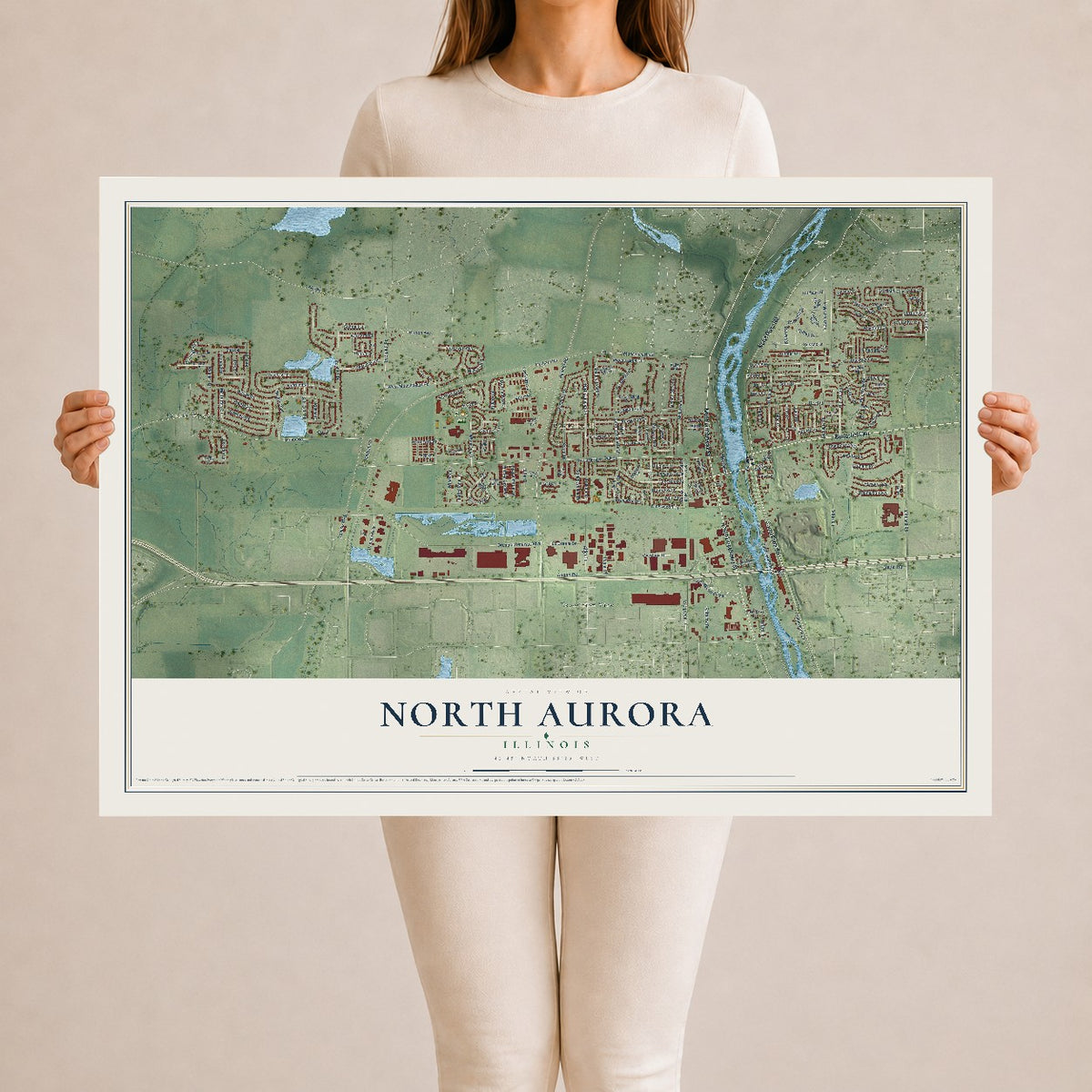 Map of North Aurora, Illinois, 24 x 36 inch unframed archival matte print