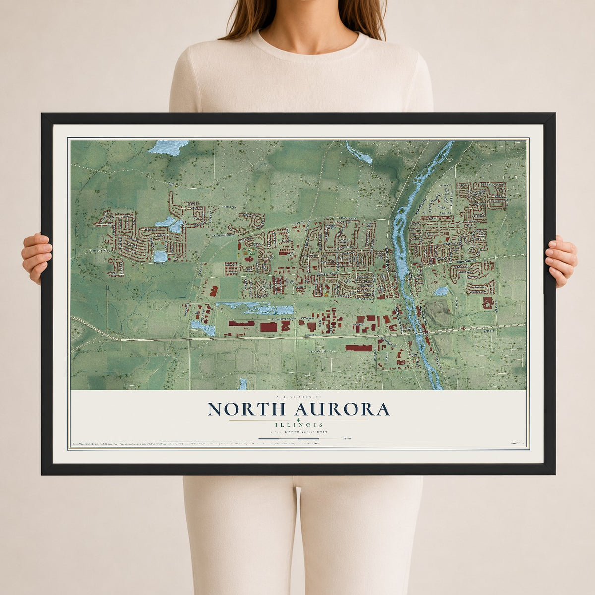 Map of North Aurora, Illinois, 24 x 36 inch print in a black wood frame