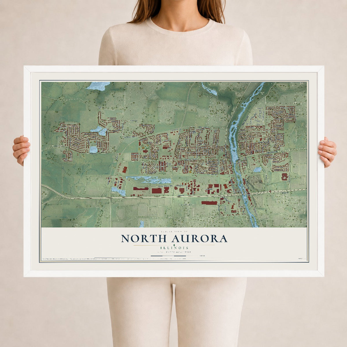 Map of North Aurora, Illinois, 24 x 36 inch print in a white wood frame