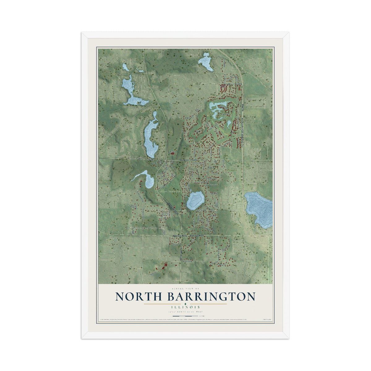 Map of North Barrington, Illinois, 12 x 18 inch print in a white wood frame