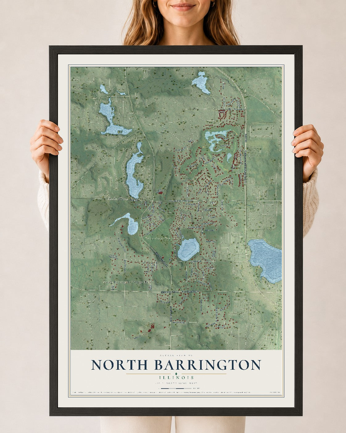 Map of North Barrington, Illinois, 24 x 36 inch print in a black wood frame