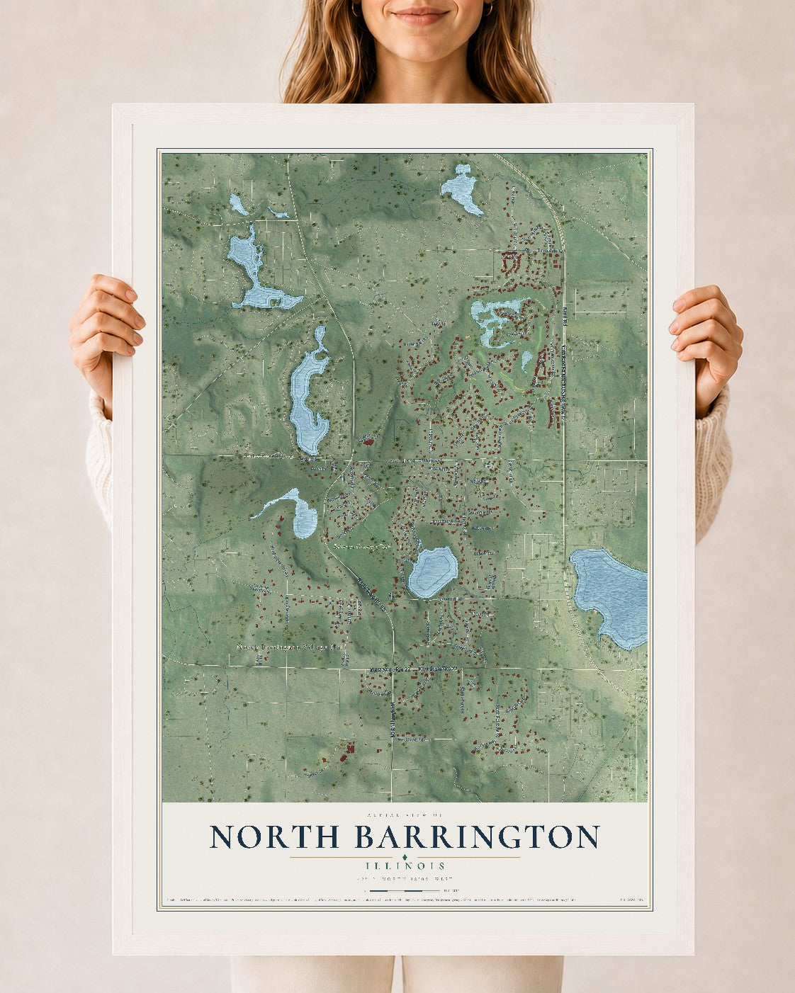 Map of North Barrington, Illinois, 24 x 36 inch print in a white wood frame