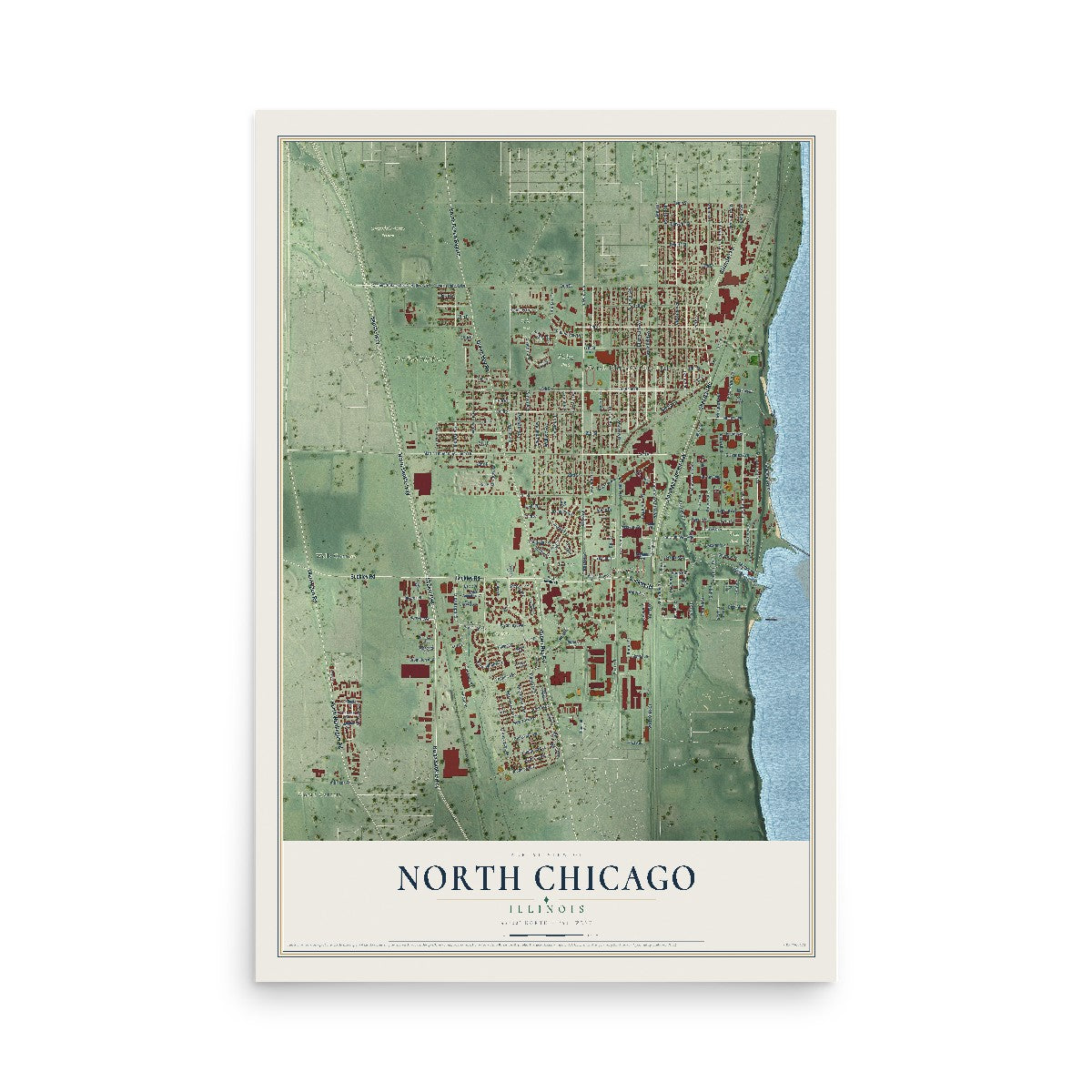 Map of North Chicago, Illinois, 12 x 18 inch unframed archival matte print