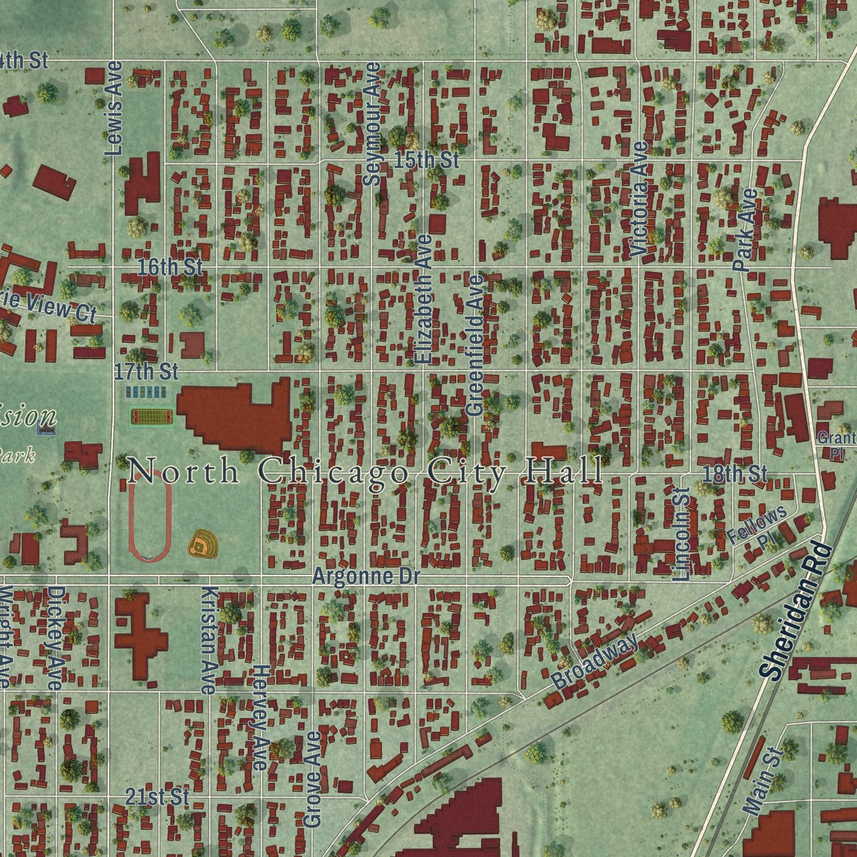 Close-up of the map of North Chicago, Illinois print showing street and building detail