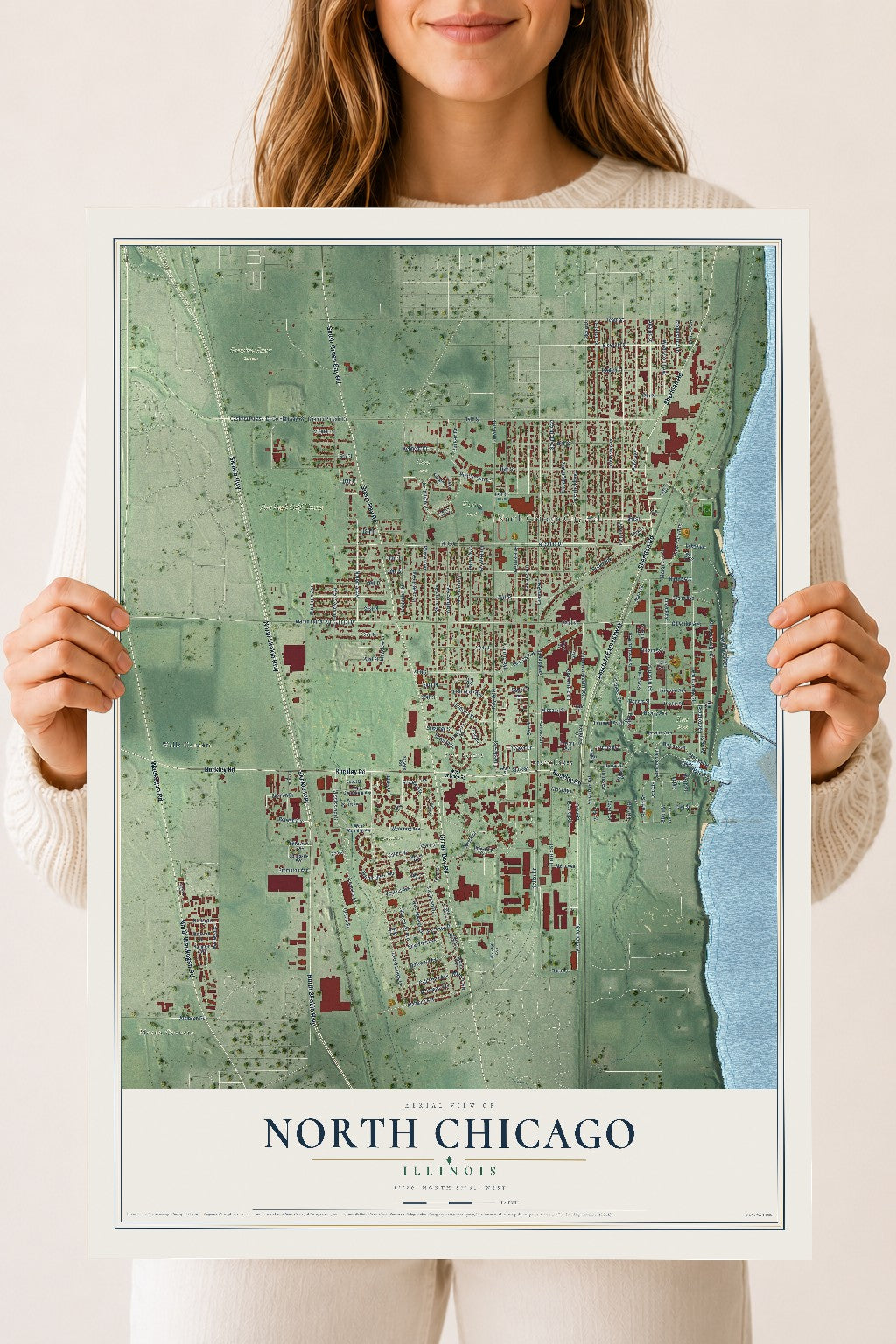 Map of North Chicago, Illinois, 18 x 24 inch unframed archival matte print