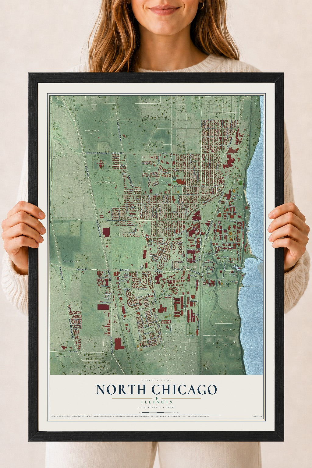 Map of North Chicago, Illinois, 18 x 24 inch print in a black wood frame