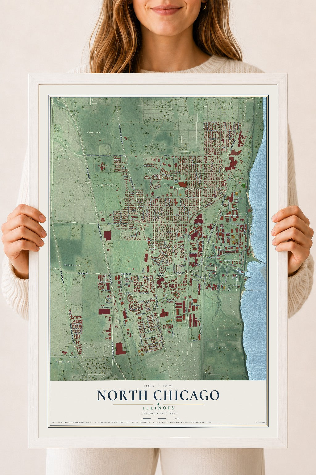 Map of North Chicago, Illinois, 18 x 24 inch print in a white wood frame