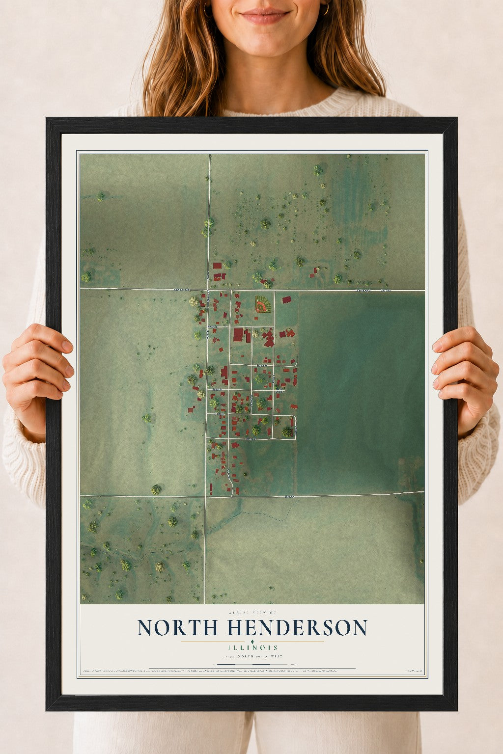 Map of North Henderson, Illinois, 18 x 24 inch print in a black wood frame