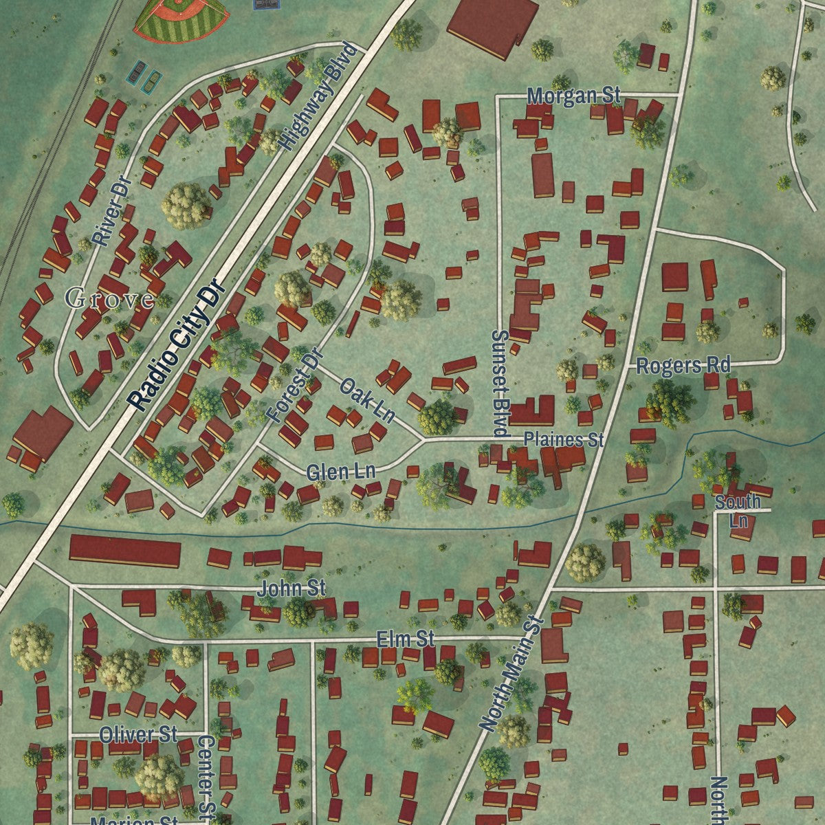 Close-up of the map of North Pekin, Illinois print showing street and building detail
